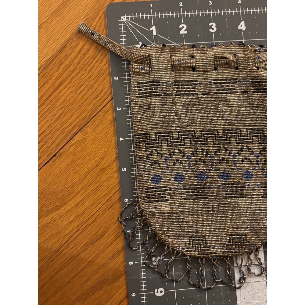 Antique Art Deco flapper Beaded Reticule Drawstring Bag Silver Blue 1920s era - Picture 5 of 8